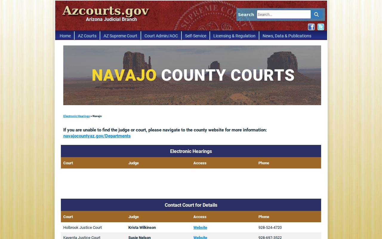 Arizona electronic hearing directory for Navajo County court calendar contacts
