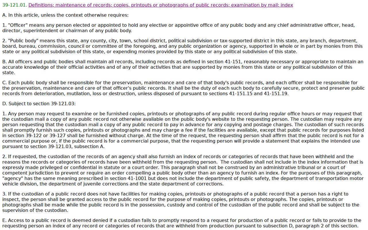 Arizona public record maintenance law relevant to Navajo County civil docket requests