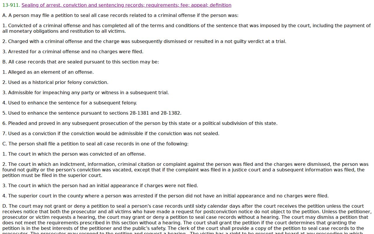 Arizona statute governing sealing of qualifying Navajo County criminal case records