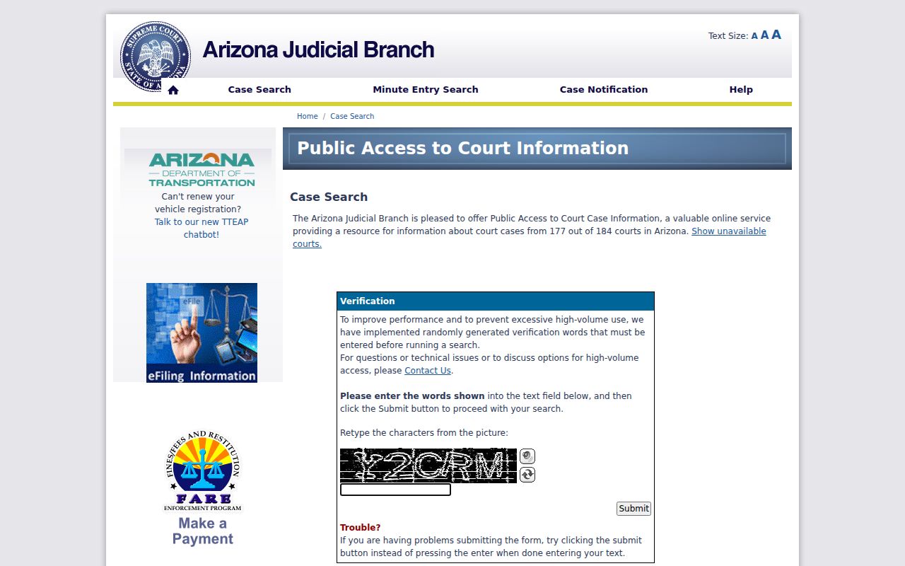 Arizona Public Access start screen used for Navajo County criminal docket searches
